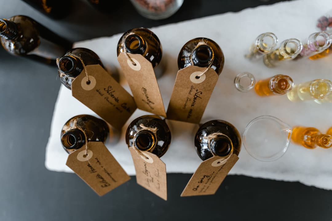 Variety of soap making oils in bottles