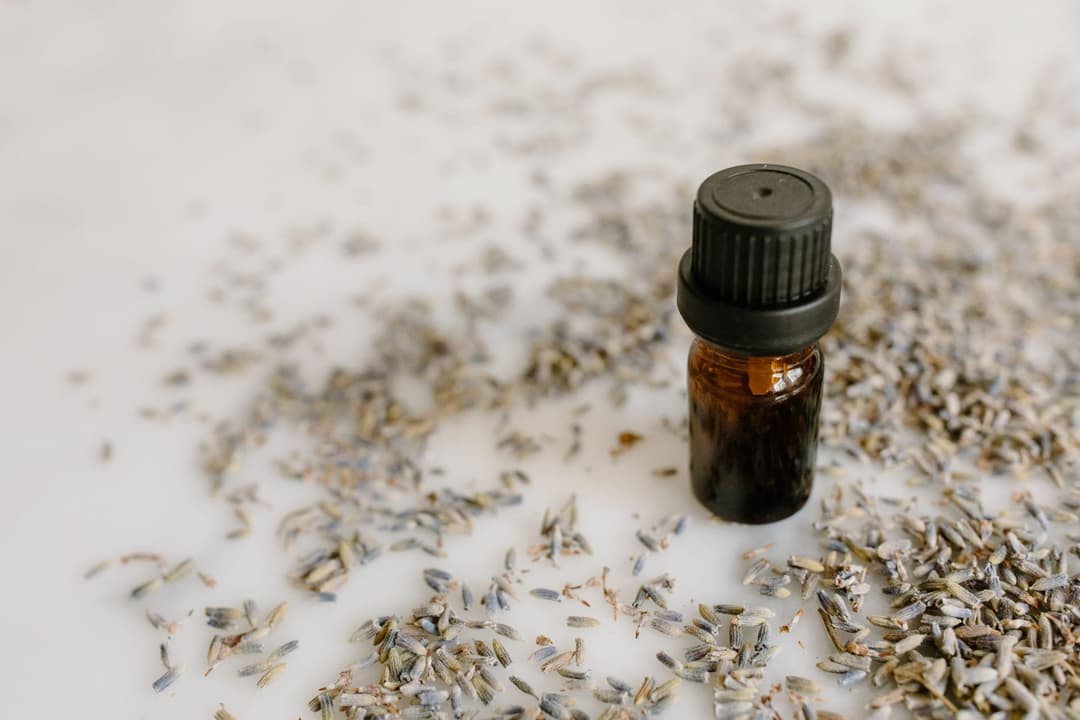 Bottles of lavender and other essential oils for building a fragrance blend