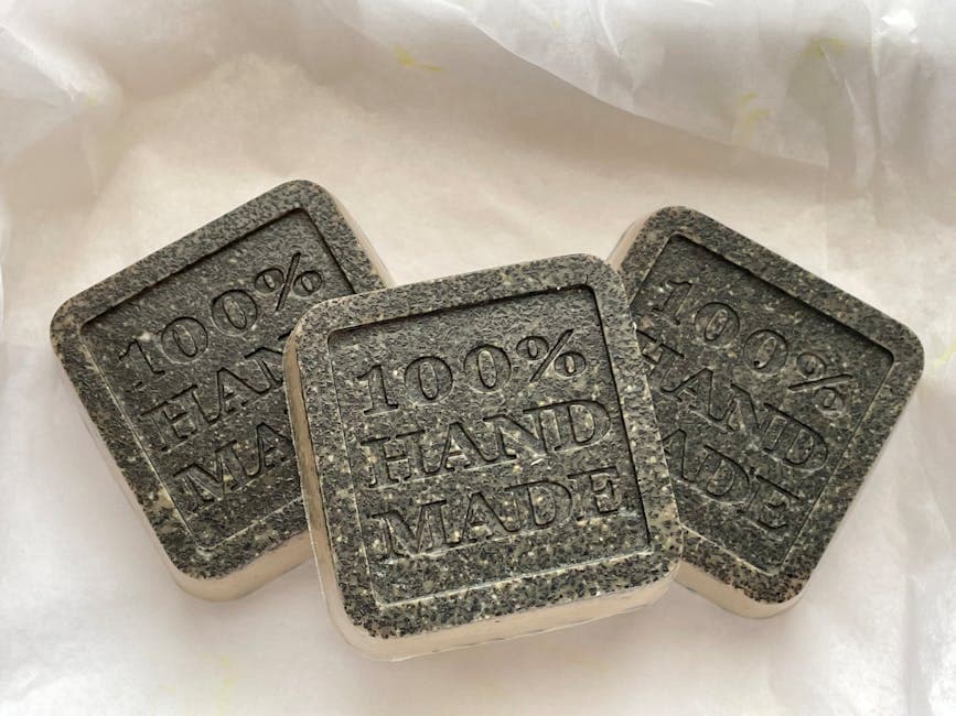 Close-up of decorative handmade soap bars showing different textures