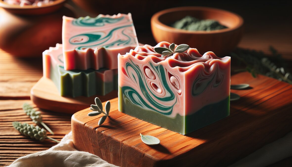 Handmade soap bars with natural clay swirls