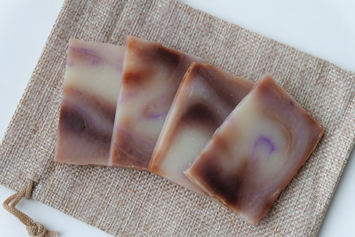 Swirled handmade soap bar showing mica color design techniques